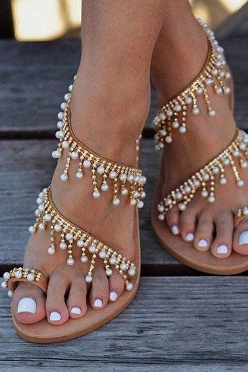 Plus Size Pearl Gladiator Flat Beach Sandals