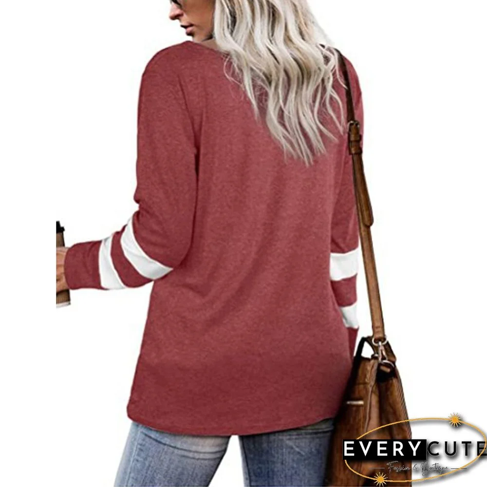Wine Red Front Twisted Striped Long Sleeve Top
