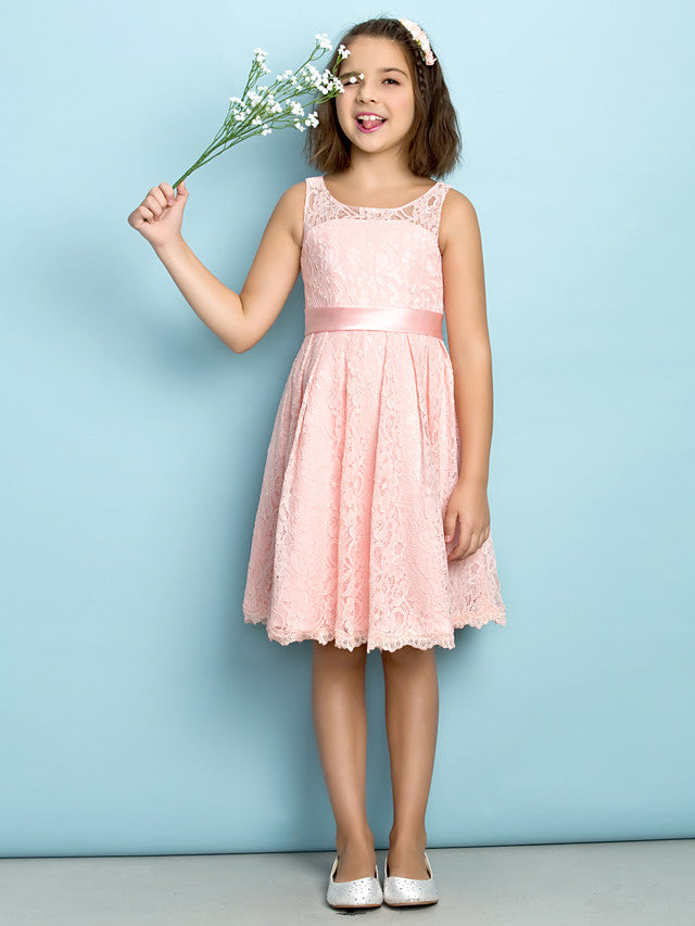 Oknass A-Line Scoop Neck Knee Length All Over Floral Lace Junior Flower Girl Dress With Lace Natural Mini Me