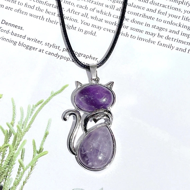 1 Piece 25*45MM Alloy Natural Stone Crystal Cat Pendant