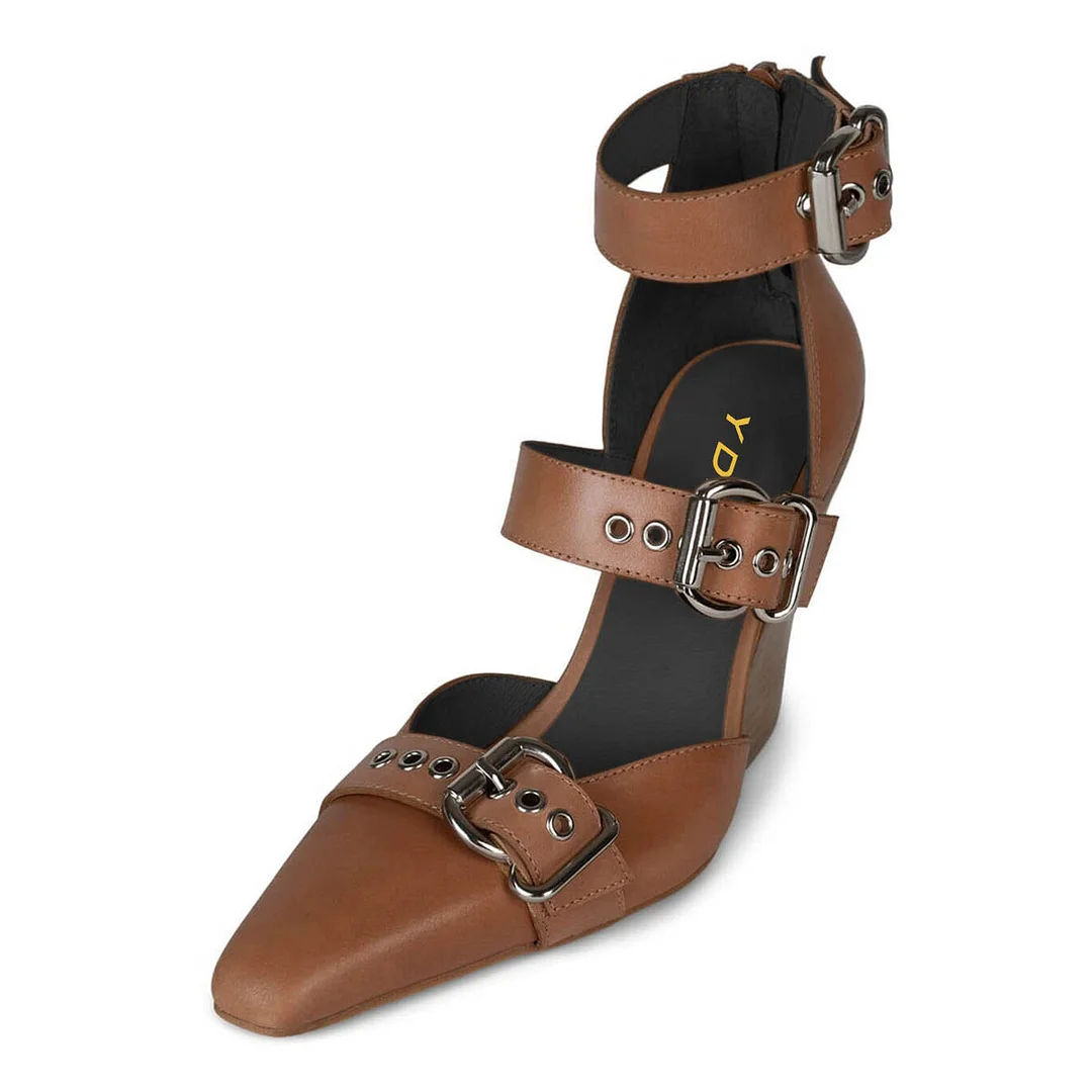 Brown Square Toe Grommets Strap Buckle Chunky High Heels Shoes