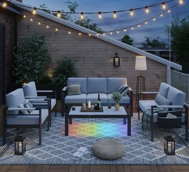 Bestier Aluminum Patio Furniture Set,7-Seat LED Outdoor Conversation Set with Grey Cushions for Poolside,Balcony,Backyard