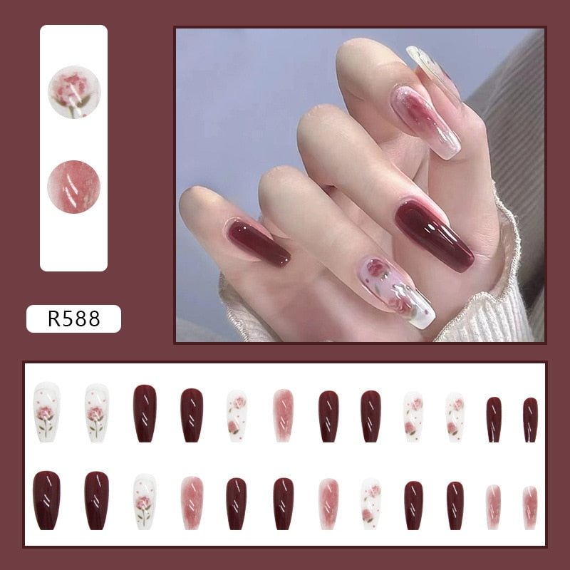 24Pcs Almond False Nails With Cute Heart Strawberry Chili Design French Checkerboard ABS Press On Nails Wearable Manicure Tips