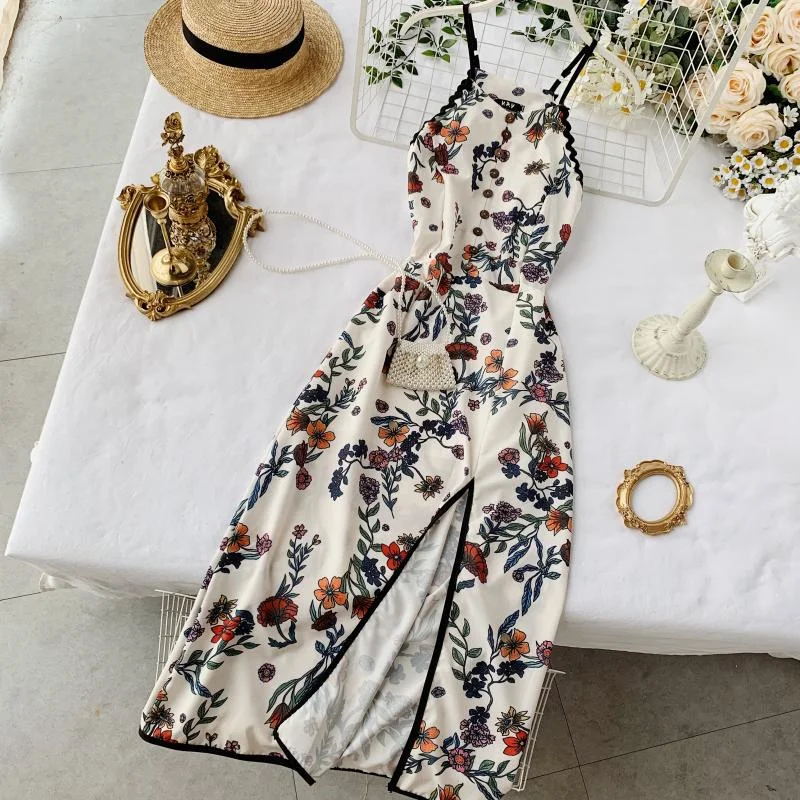 Fitaylor 2021 Vintage Women Cheongsam Dresses Summer Spaghetti Strap Printed Floral Slim Sexy Split Dress