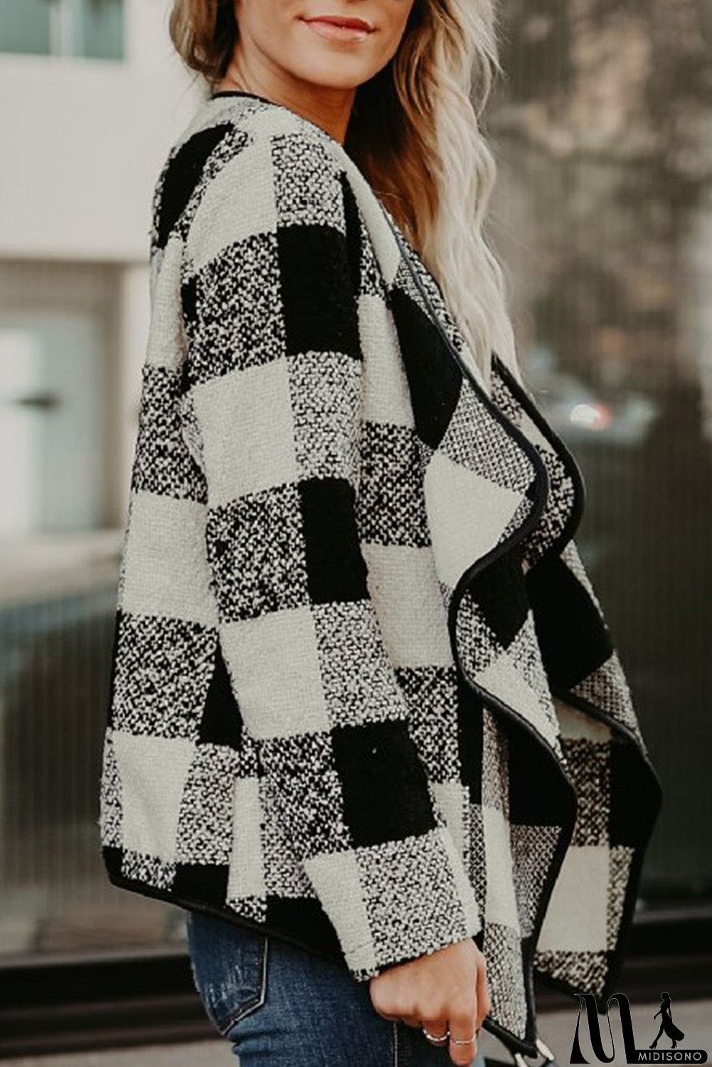 MidiSono - Plaid Long Sleeve Asymmetric Collar Open Front Coat