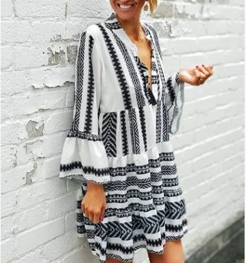 Sky Blue Geometric Print V neck Ruffle Swing Mini Dress | IFYHOME