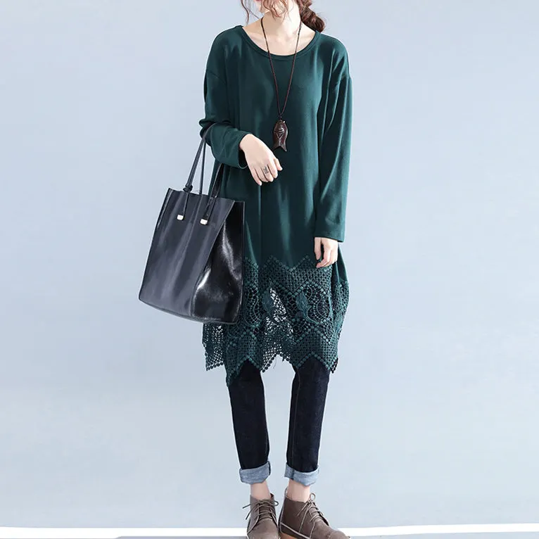 New blackish green cotton shift dress plussize cotton clothing dresses vintage lace ruffles long sleeve cotton dresses