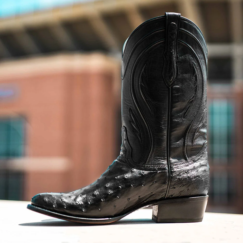 YDN Black Ostrich Embossed Round Toe Chunky Heel Cowgirl Boots