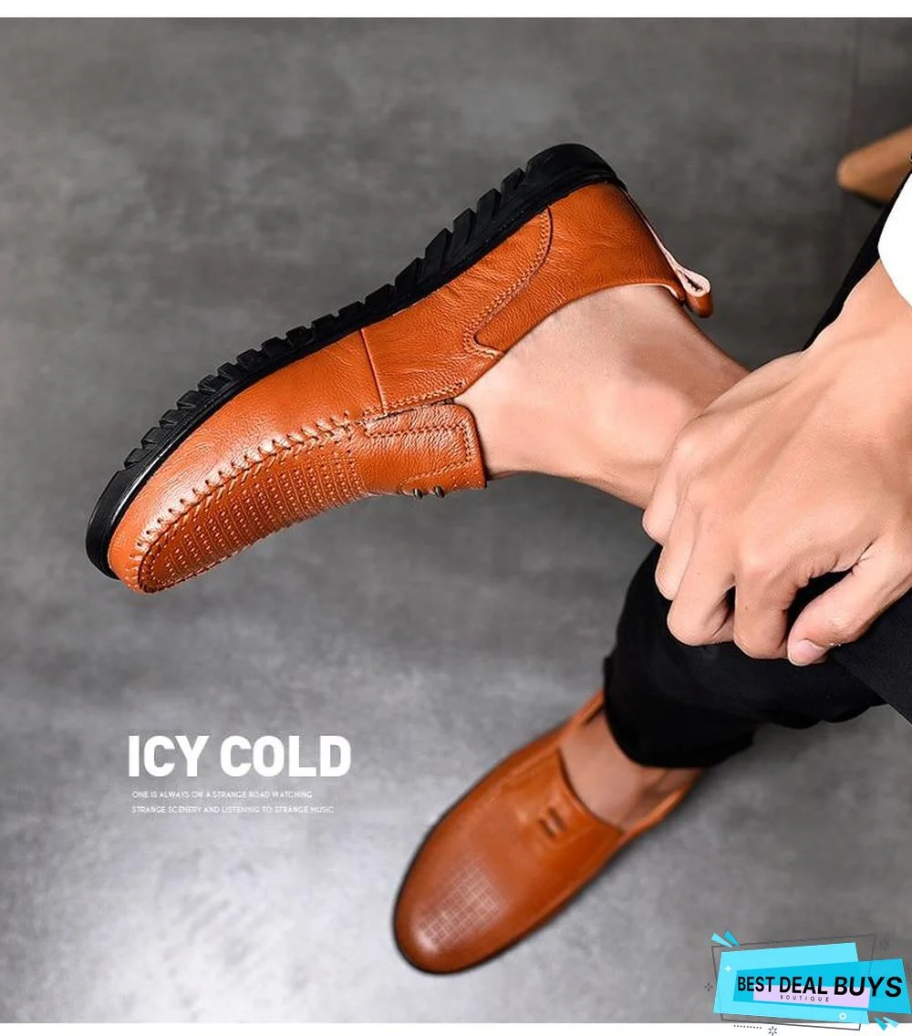 New Openwork Men Black Loafer Perforated Shoes Leather Flats Driving Shoes Business Men's Shoes