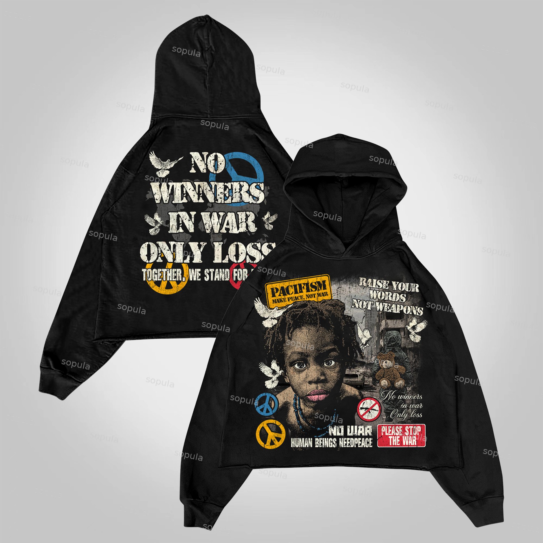 Sopula Human Beings Need Peace, Not War. Vintage Graphics Pocketless Hoodie - SOPULA