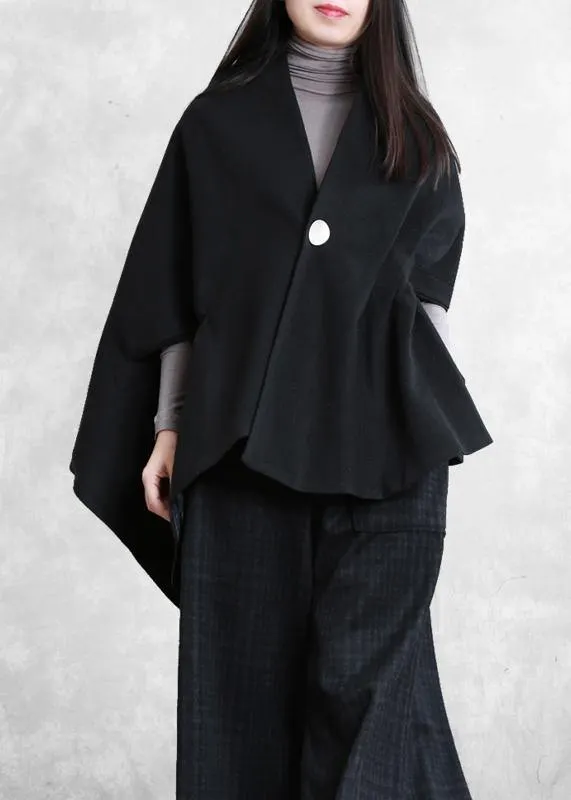 Loose black wool Blouse v neck short asymmetric shirt