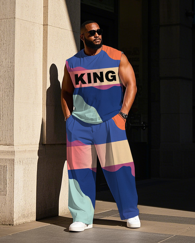 Big Men's Letter KING Wave Artistic Color Block Printed Outdoor Vest and Pants Set
