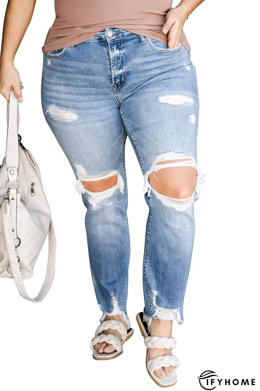 Sky Blue Distressed Holes Frayed Hem Plus Size Jeans | IFYHOME
