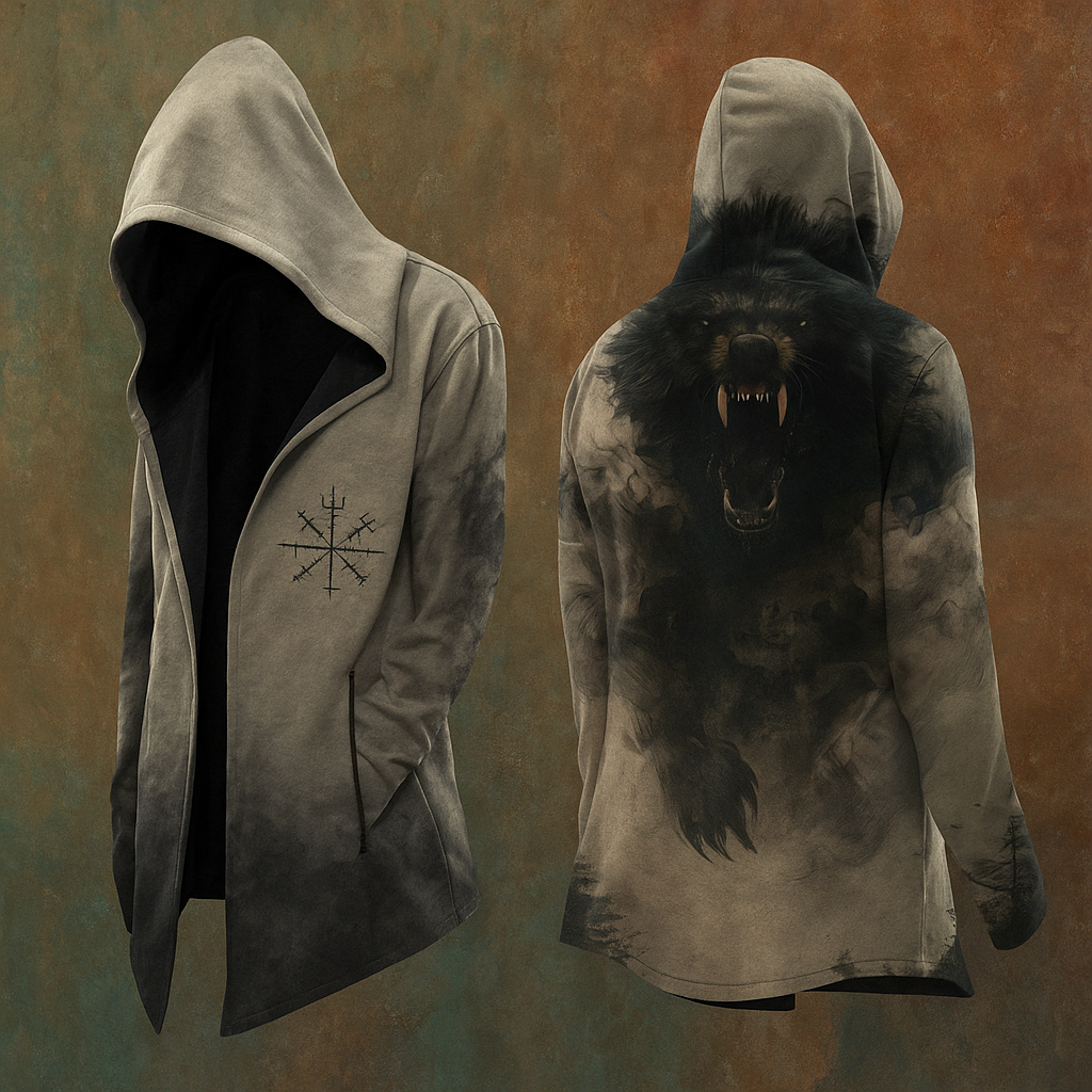 Men's Viking Wood Runes Fenrir Wolf Vintage Nordic Totem Hooded Jacket / Rvogue / Rvogue