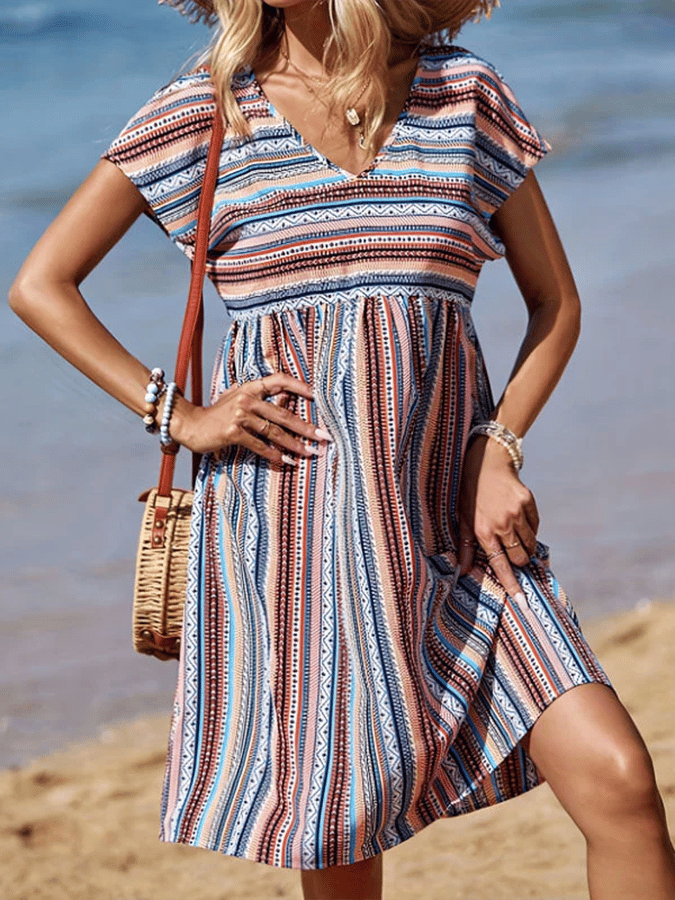 Women's Retro Striped V-Neck Dress