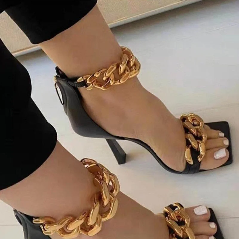 Women's Sexy Sandals Pumps Chain High Heels Summer Shoes Metal Party Fashion Square Toe Cross tied Female Footwear Plus Size 43