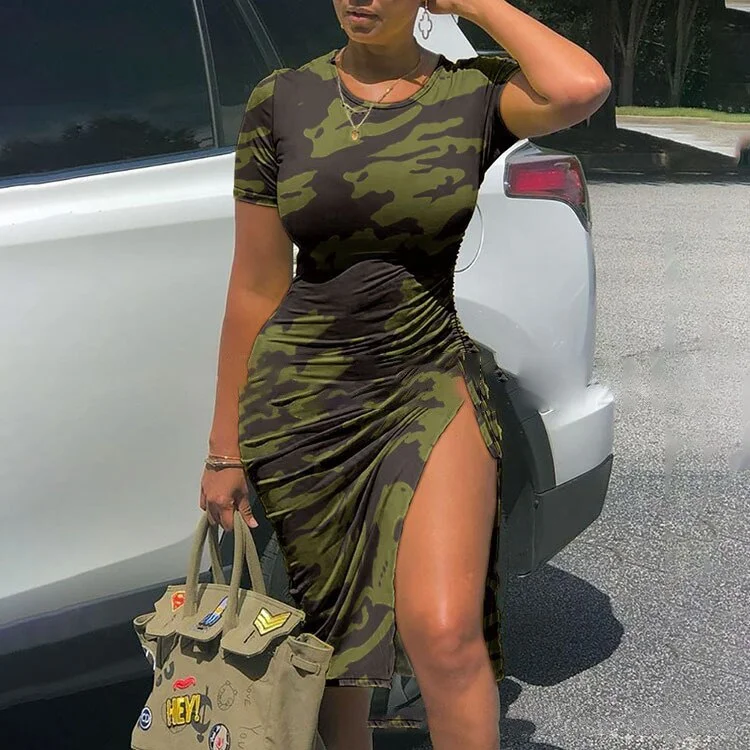 Spring/Summer Camo Print Drawstring Casual Dress 2023 fashion Women's Tie Dyed Round Neck Slim Fit Split Fashion Dress Vestidos 2XL