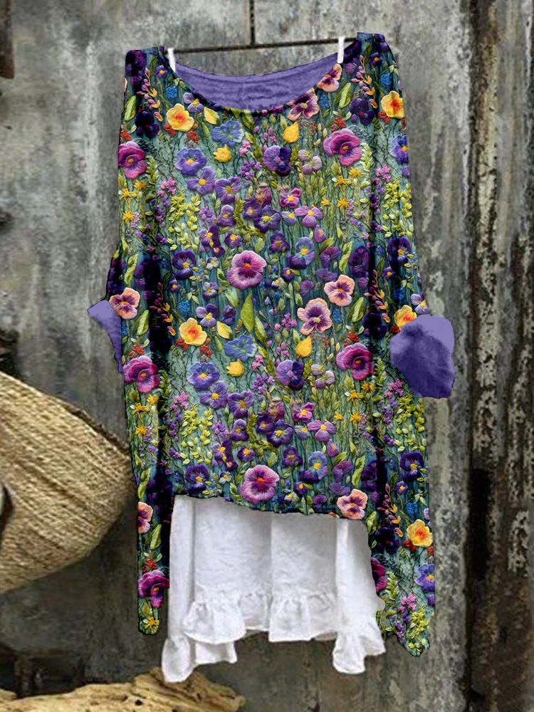 Violet Wildflower Embroidery Art Linen Blend Flowy Tunic-mysite