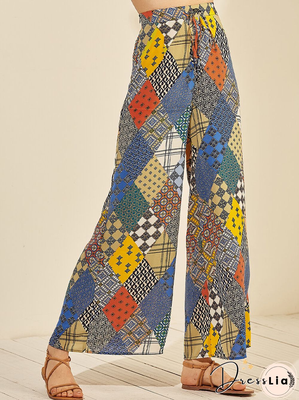 Colorful Plaid Print Drawstring Loose Long Casual Pants for Women