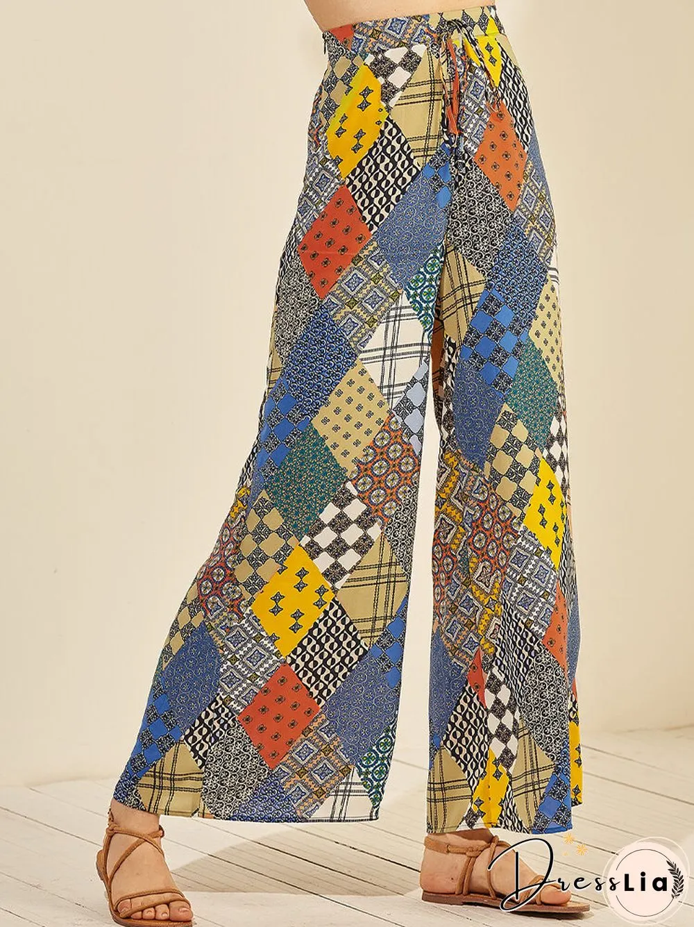 Colorful Plaid Print Drawstring Loose Long Casual Pants for Women