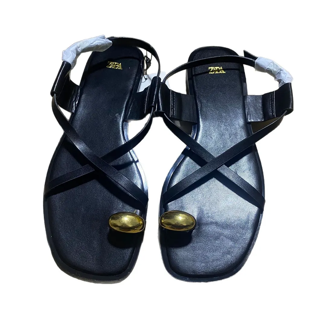 Breakj Breakj Spring Cross-Lace Metal Flat Sandals Women's Leisure Beach Shoes Soft Soles Toes Roman Shoes
