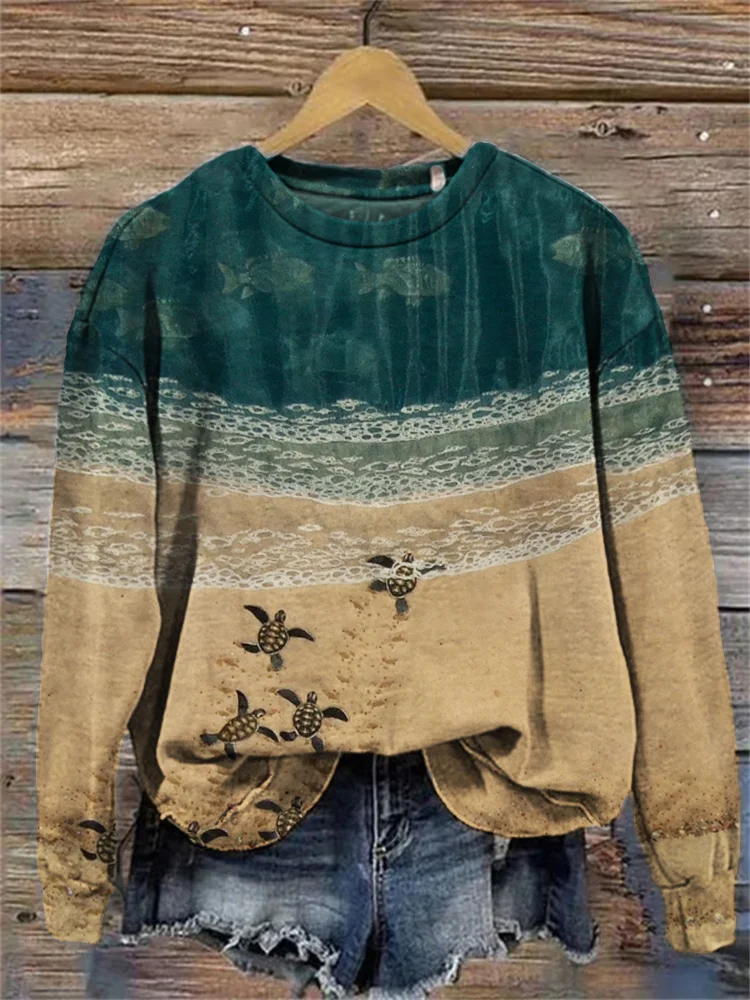 VChics Baby Sea Turtles Beach Fiber Art Contrast Sweatshirt