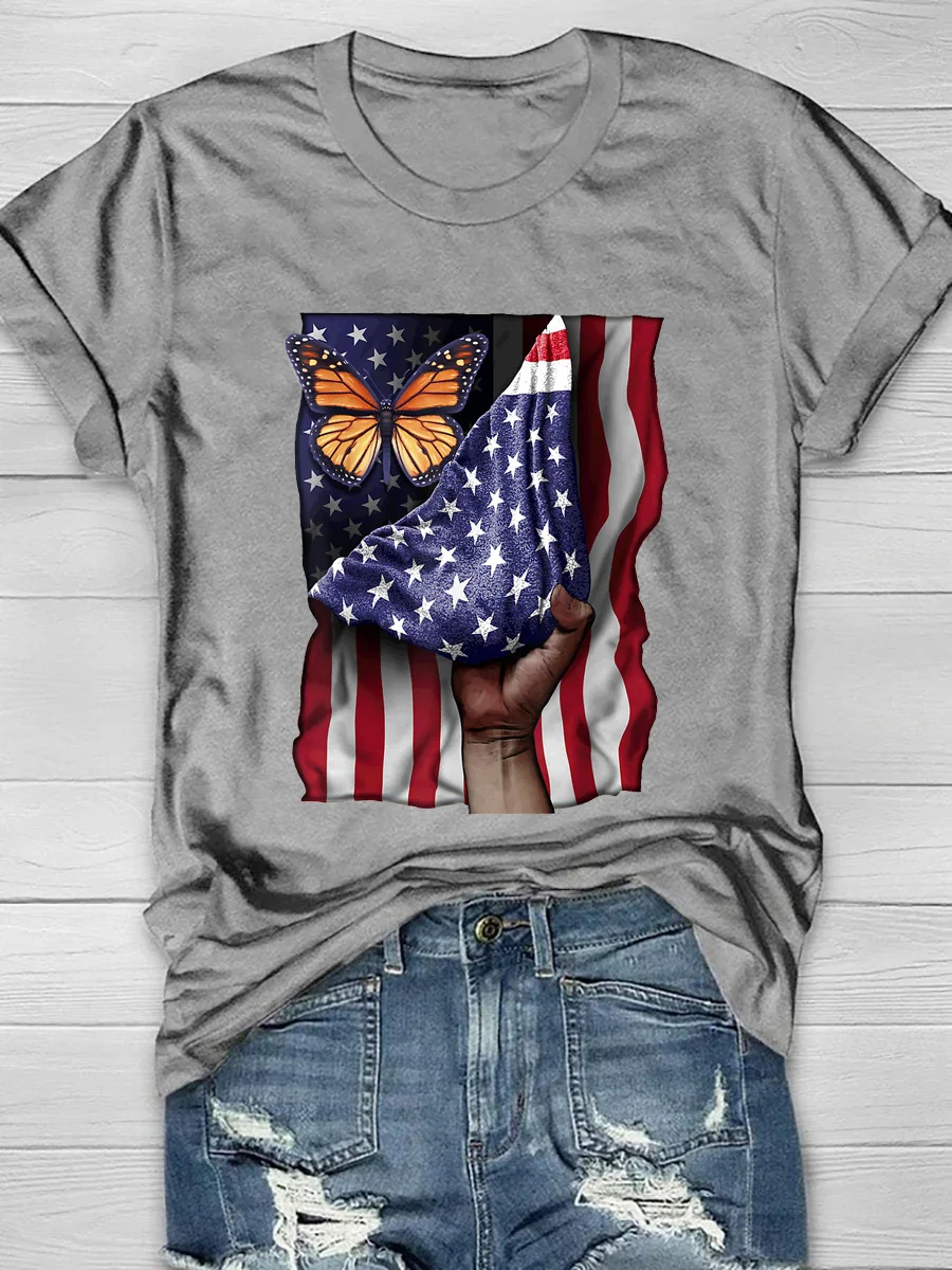 Independence Day Butterfly Print Short Sleeve T-Shirt