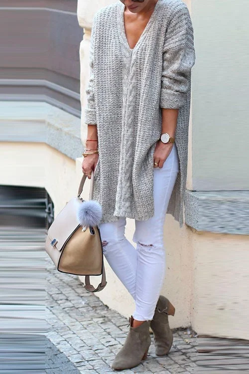 V Neck Side Split Cable Knit Midi Sweater