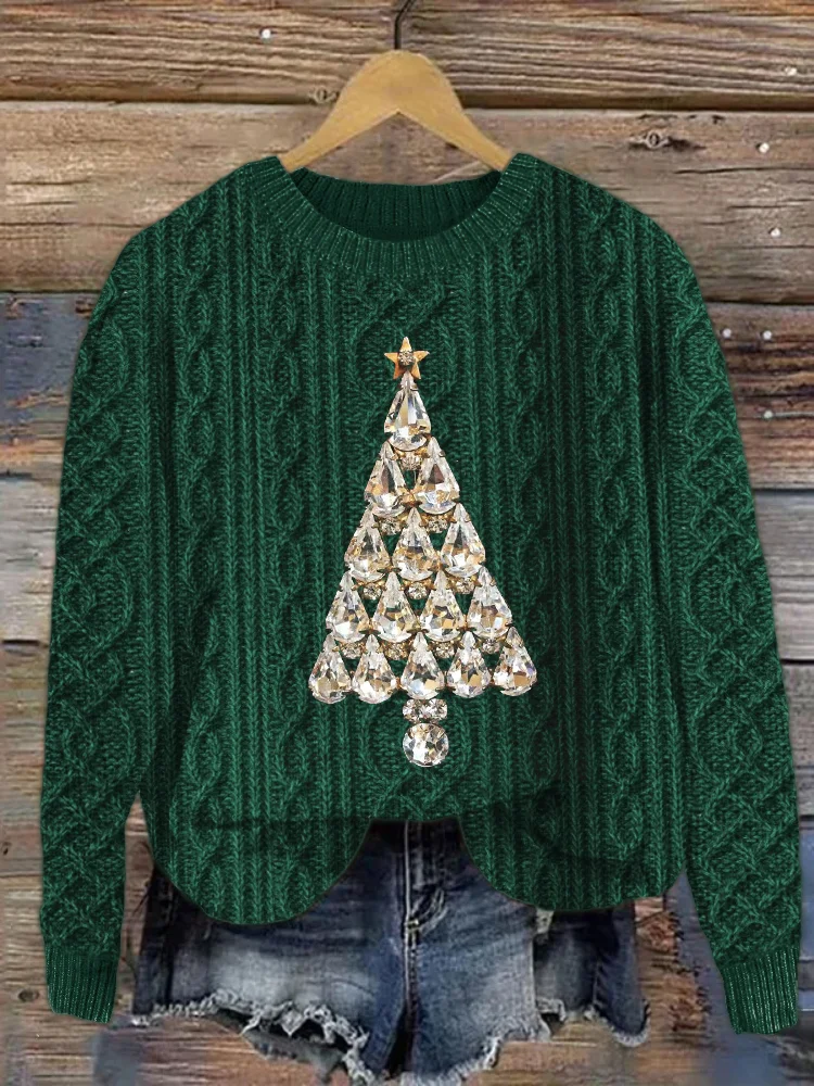 Christmas Tree Diamond Art Cable Knit Sweater
