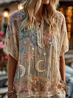 Star And Moon Embroidered Bright Contrast Short-sleeved V-neck Shirt