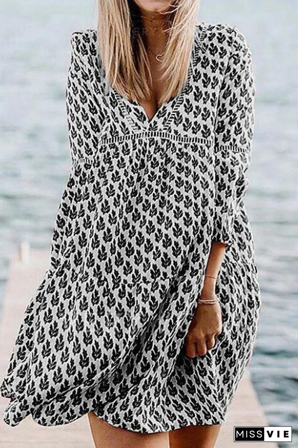 V-Neck Flare Three Quarter Sleeve Dress