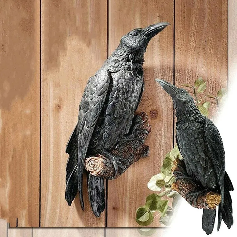 Tegooe Resin Raven Statue Sculpture Outdoor Crow Bird Decor Halloween Garden Courtyard Ornament 20cm Black
