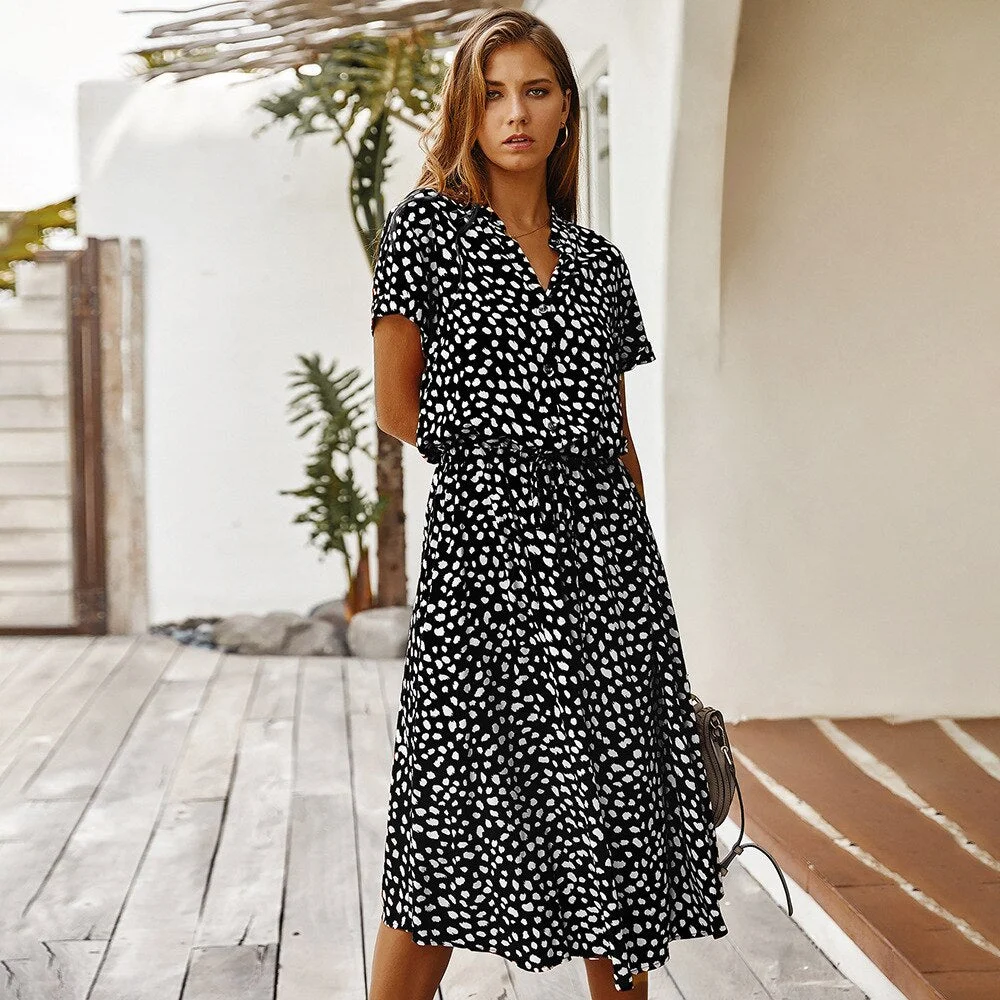 Leopard Print Dress Women Summer Casual Short-sleeved White Dresses Buttons Long Elegant 2020 Fashion Clothes For Women Everyday