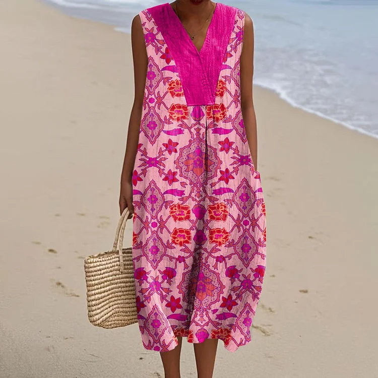 Women's Vintage Ethnic Floral Art Print Sleeveless Cotton Pocket Wrap V Neck Dress