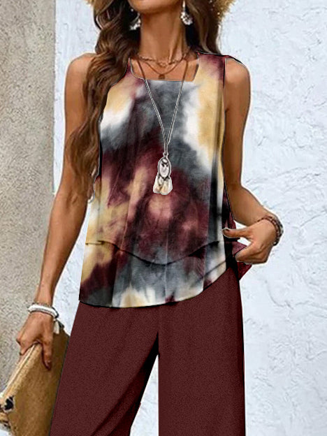 Women's Sleeveless Square Collar Graphic Printed Casual Set