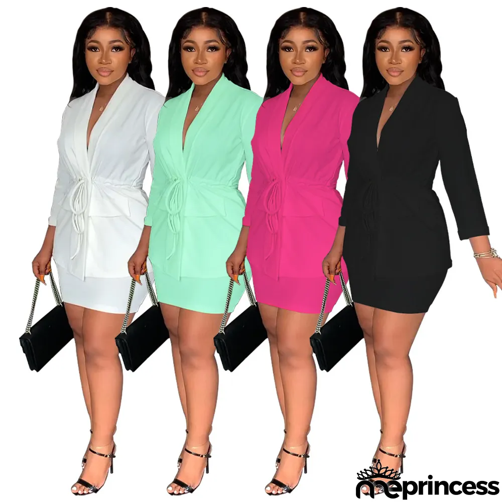 Fashion Solid Color Blazer And Skirts Two Piece Set