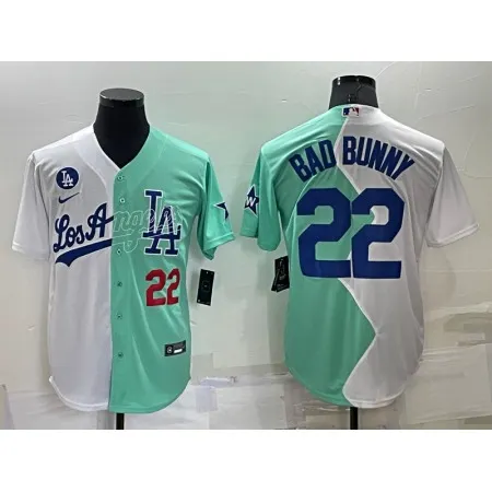Men's Los Angeles Dodgers #22 Bad Bunny 2022 All-Star White/Green Cool Base Stitched Baseball Jersey 5ZVH