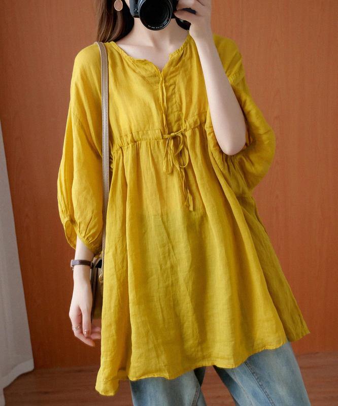 VCSHOES v neck drawstring blouses for women Sewing yellow top