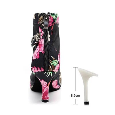 VCshoes Woman Flower Print Latin Ballroom Dance Boots Woman Black High Salsa Bachata Dancing Shoes For Ladies High Heel Booties