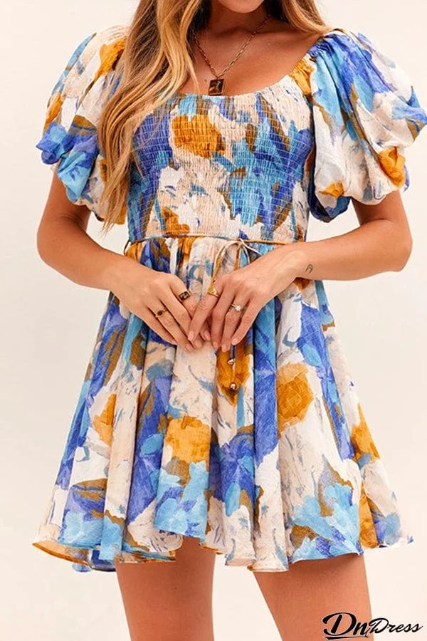 Puff Sleeve Tie Waist Printed Ruffle Swing Mini Dress