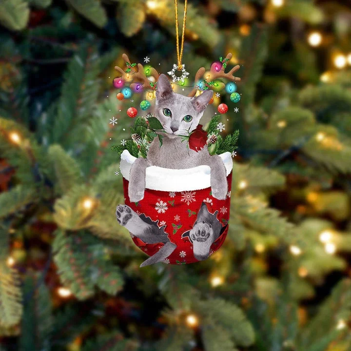 Russian Blue Cat In Snow Pocket Christmas Ornament.