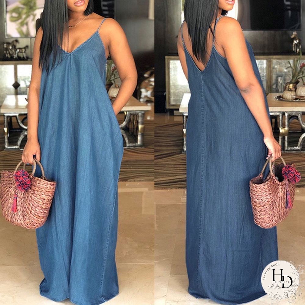 S-5XL Women Sexy Sleeveless Spaghetti Straps Denim Color Maxi Dress Summer Holiday Beach Sundress