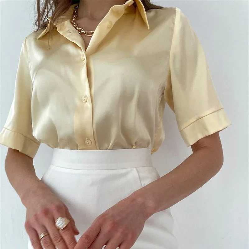 Back to school  Women 2022 Elegant Satin Solid Long Sleeve Blouses Female Chic Vintage Blue Green Casual Loose Buttons Shirts Oversize Top Tunic