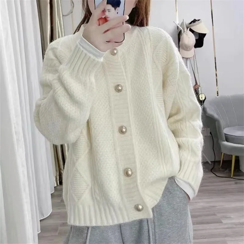 Toloer Toloer Diamond Round Collar Twist Thick Knit Sweater Soft Waxy Sweater Korean Version Versatile Lazy Wind Retro Cardigan Coat Female-Outfit Ideas
