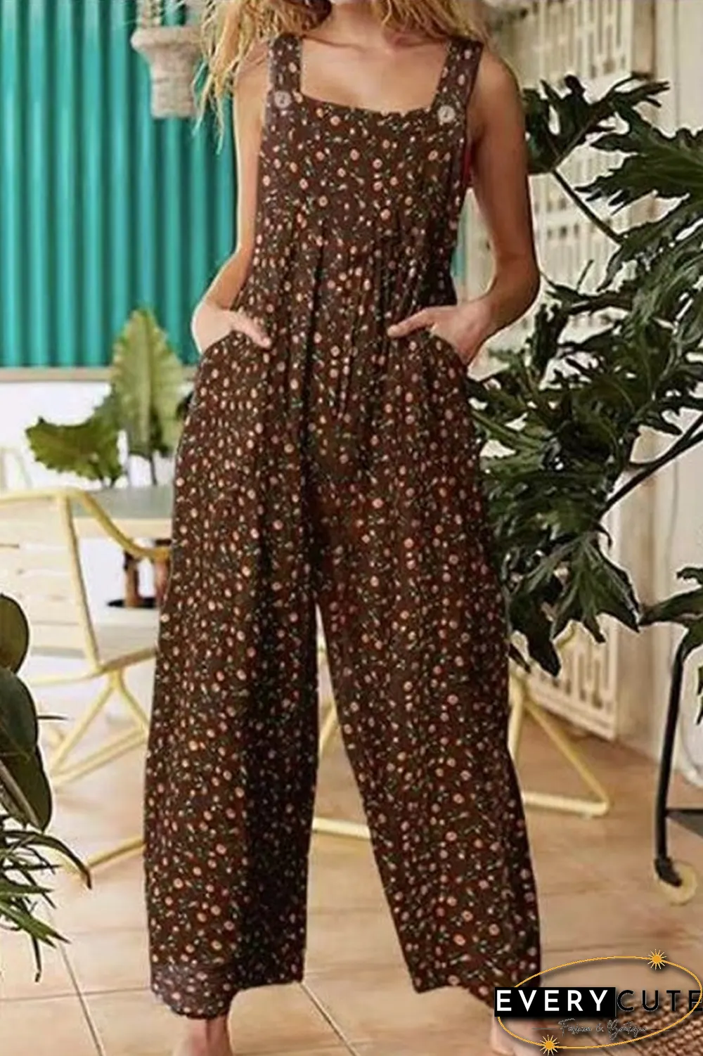 Casual Floral Split Joint Pocket Square Collar Regular Jumpsuits