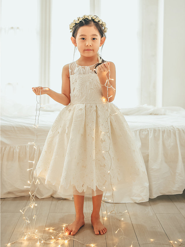 Oknass Ball Gown Sleeveless Jewel Neck Flower Girl Dresses Lace Tulle With Lace