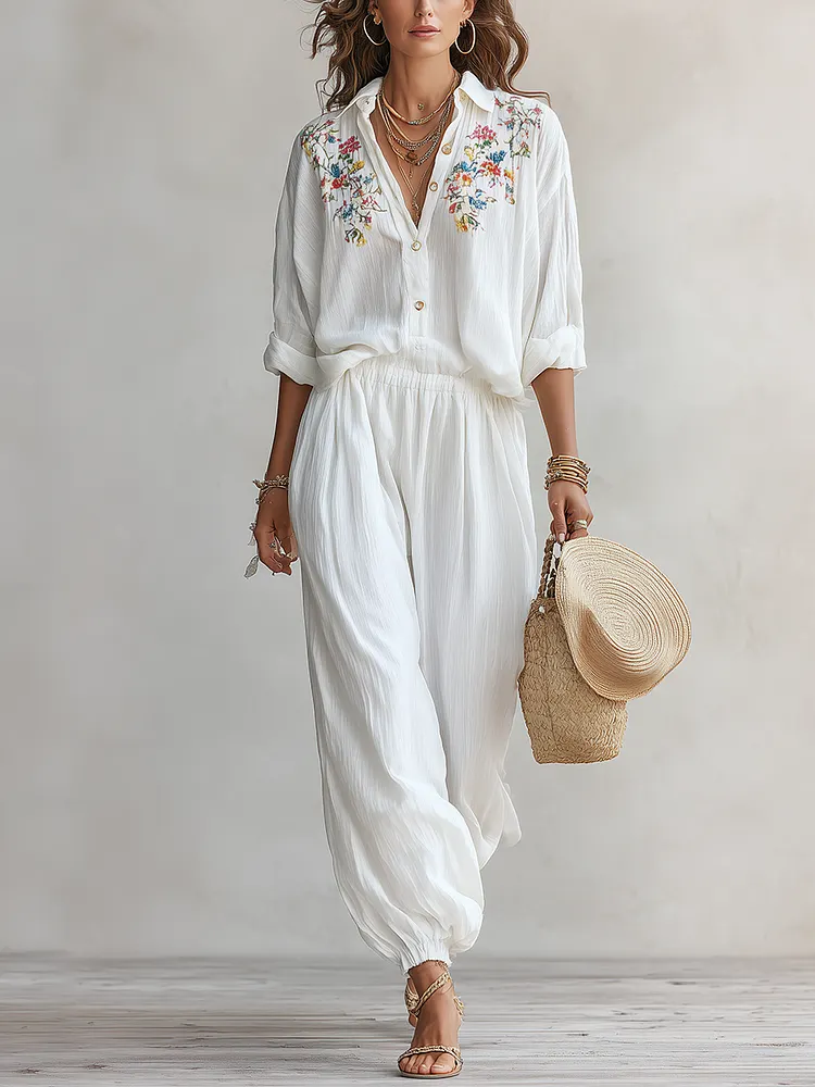 Bohemian Floral Embroidered Shirt And Trouser Suit