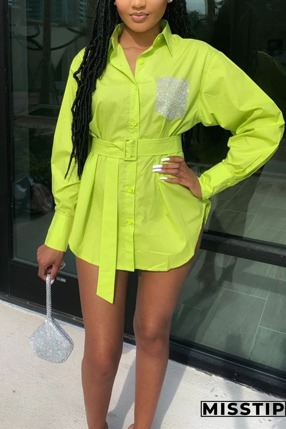 FluorescentYellow Fashion Casual Long Sleeve Shirt Dress