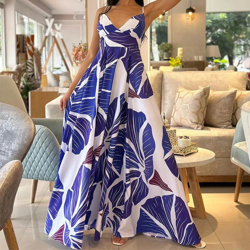 Toloer Toloer Spot Dress Flower Beach Dress Print Sling Medium Long Dress-Outfit Ideas
