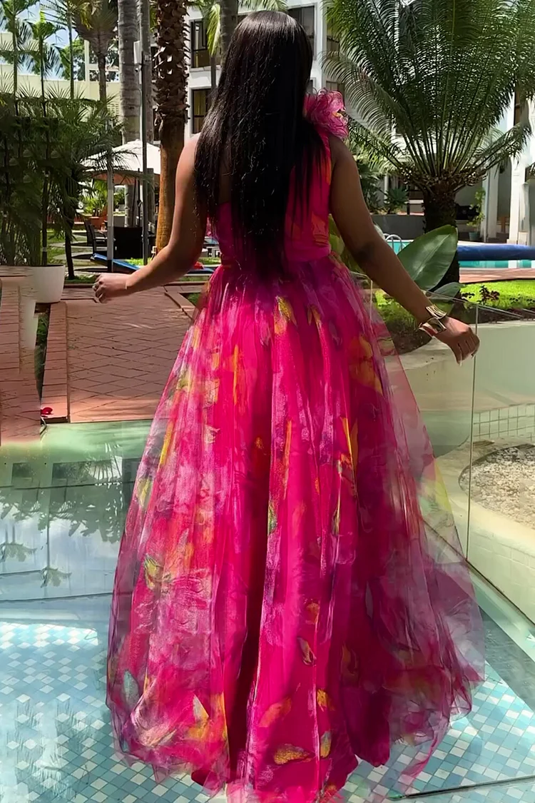 One Shoulder Rosette Floral Print Mesh Party Maxi Dresses-Fuchsia [Pre Order]